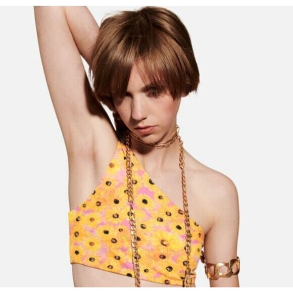 New Zara Womens One Shoulder Crop Top Floral Yellow Daisy Print Size Large - Picture 1 of 3